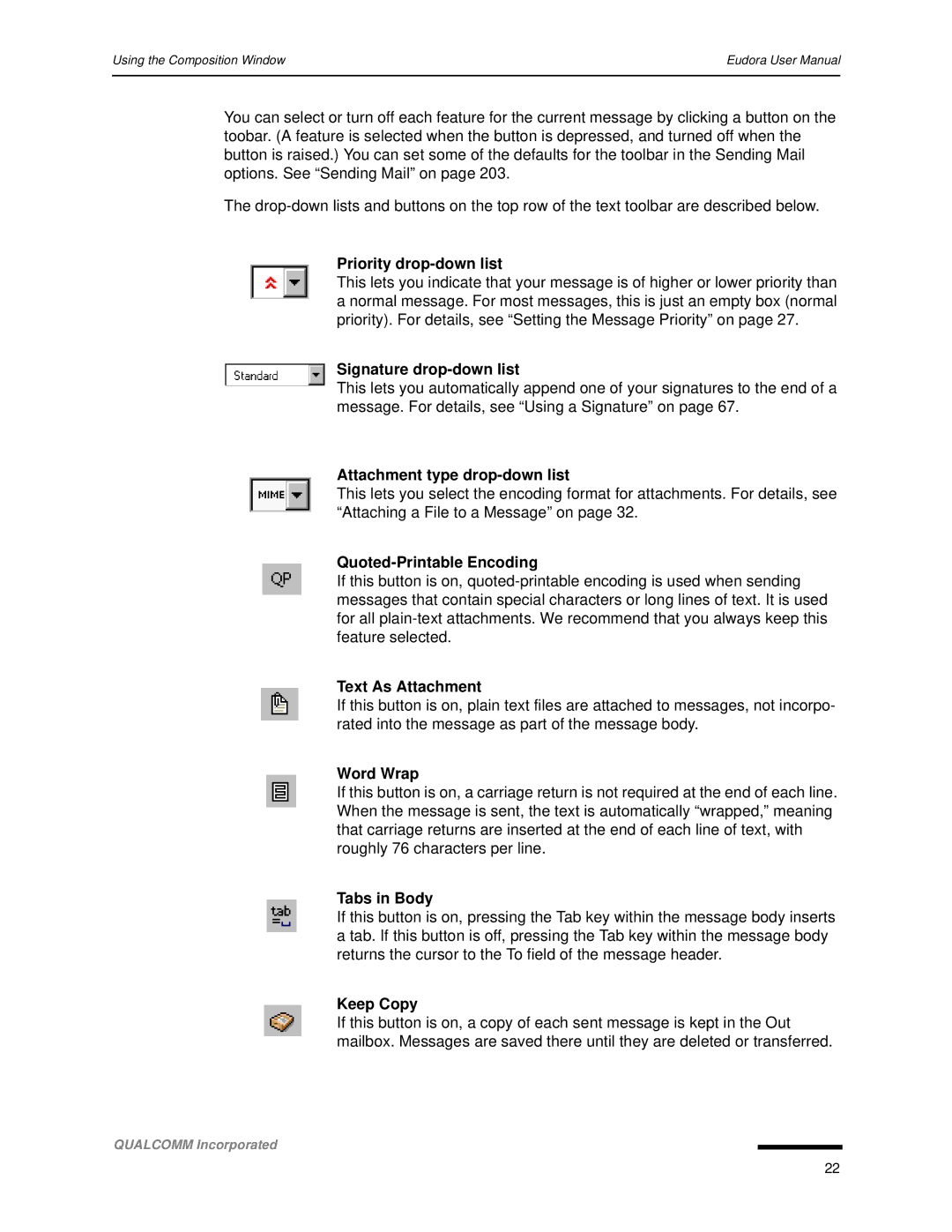 Qualcomm 4.3 Priority drop-down list, Signature drop-down list, Attachment type drop-down list, Quoted-Printable Encoding 