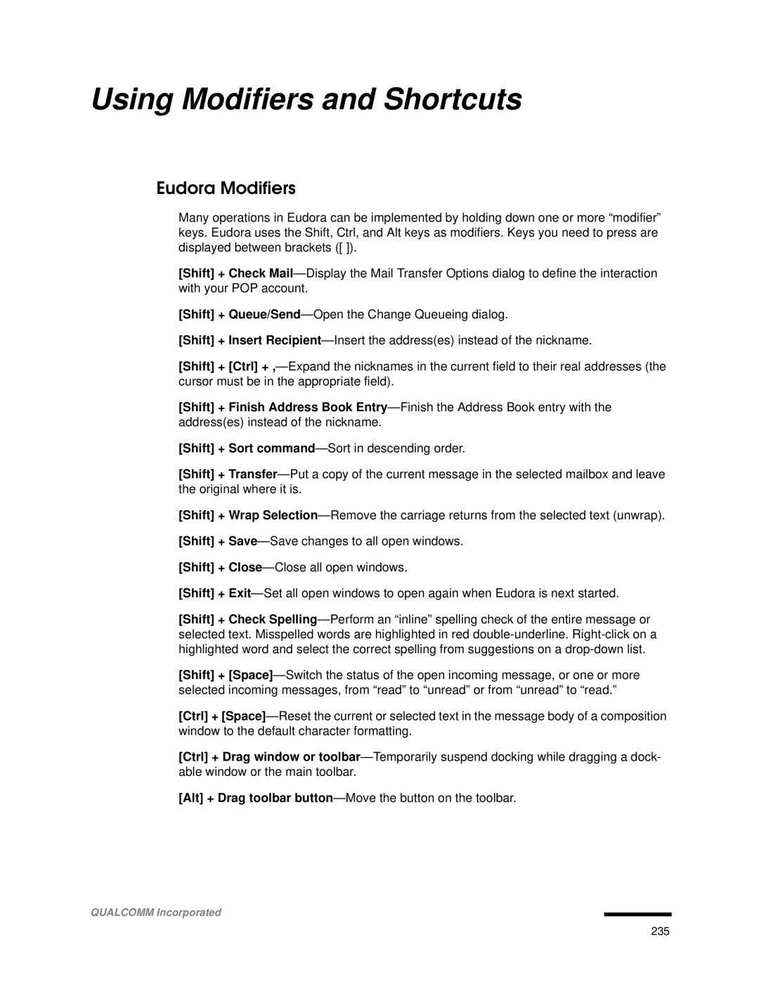 Qualcomm 4.3 user manual Using Modifiers and Shortcuts, Eudora Modifiers 