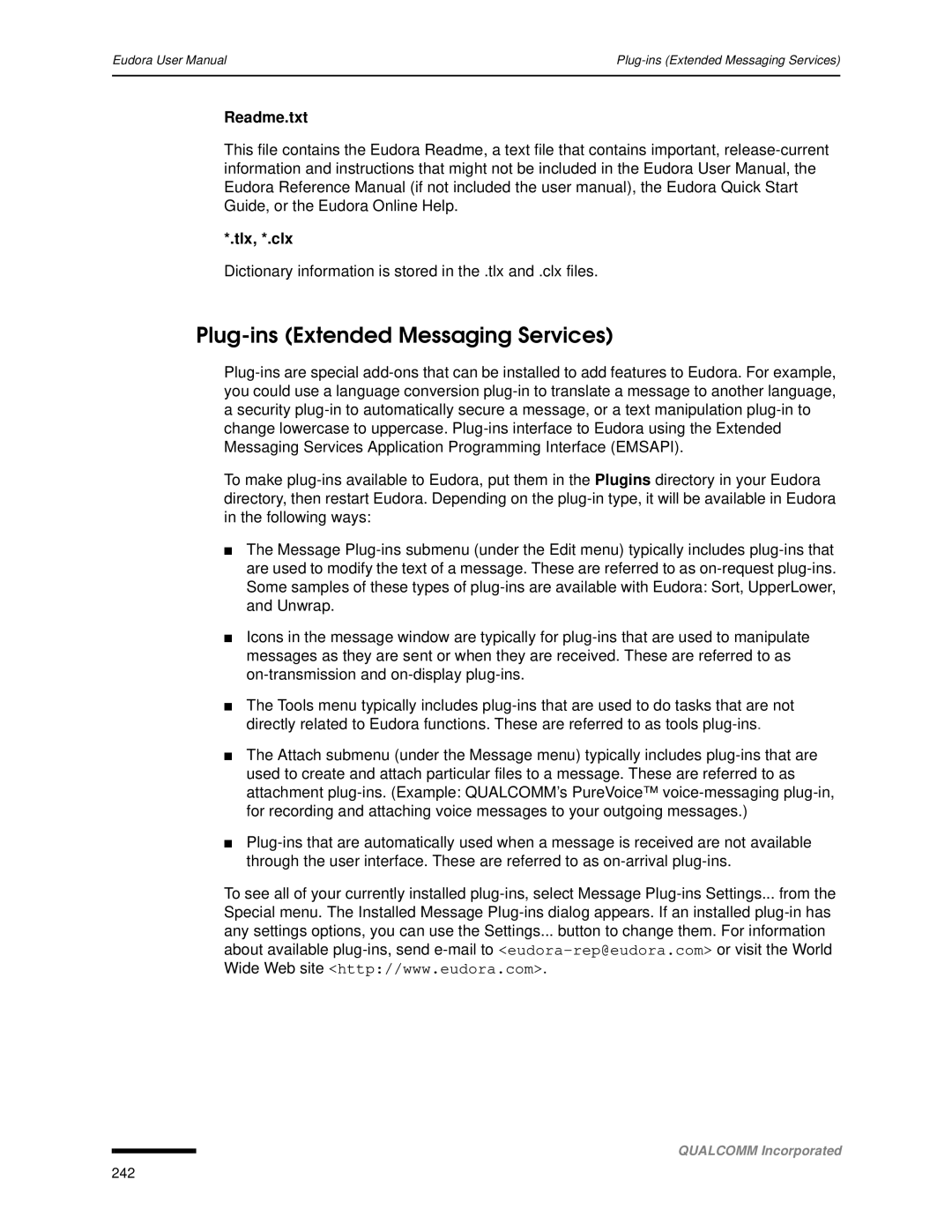 Qualcomm 4.3 user manual Plug-ins Extended Messaging Services, Readme.txt Tlx, *.clx 