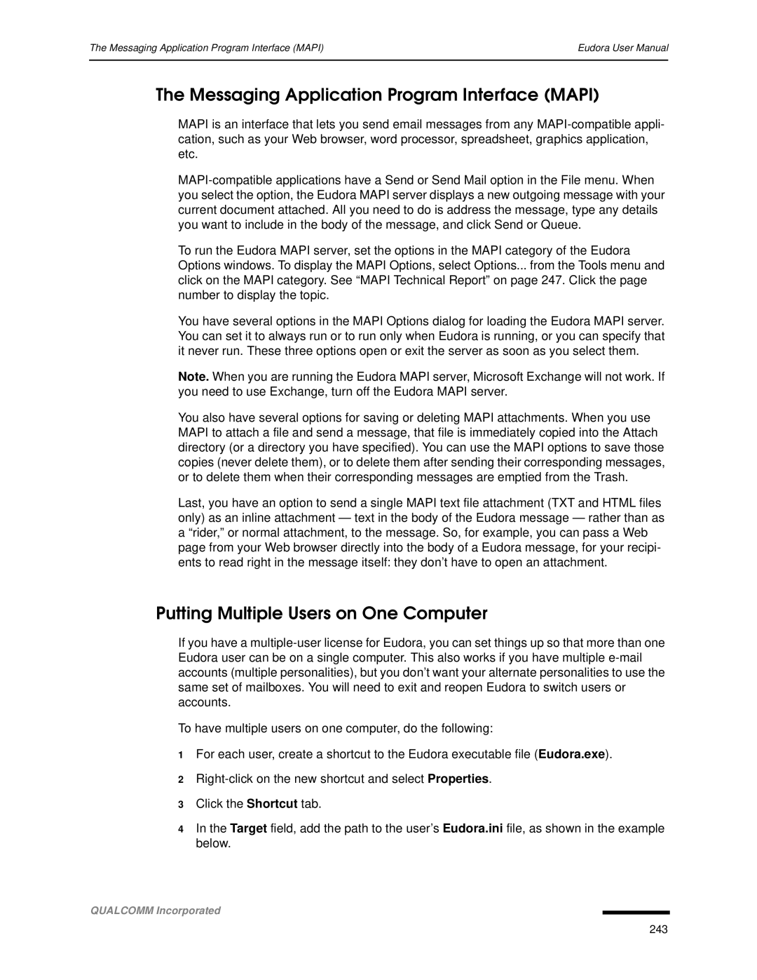 Qualcomm 4.3 user manual Messaging Application Program Interface Mapi, Putting Multiple Users on One Computer 