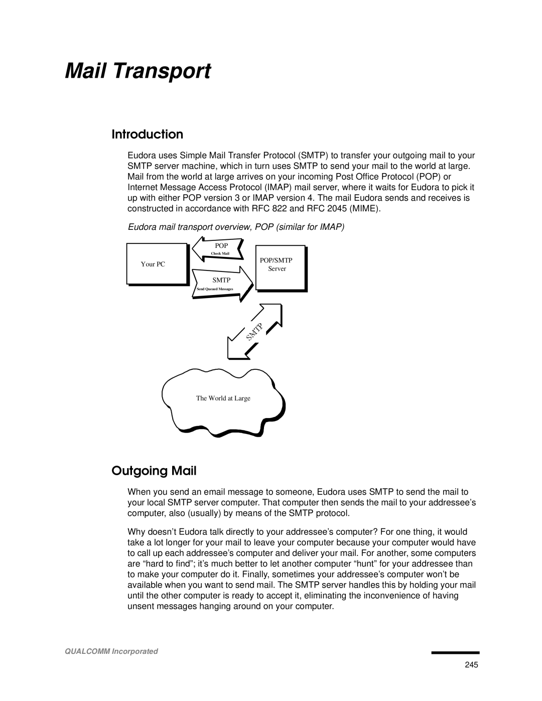 Qualcomm 4.3 user manual Mail Transport, Outgoing Mail, Eudora mail transport overview, POP similar for Imap 