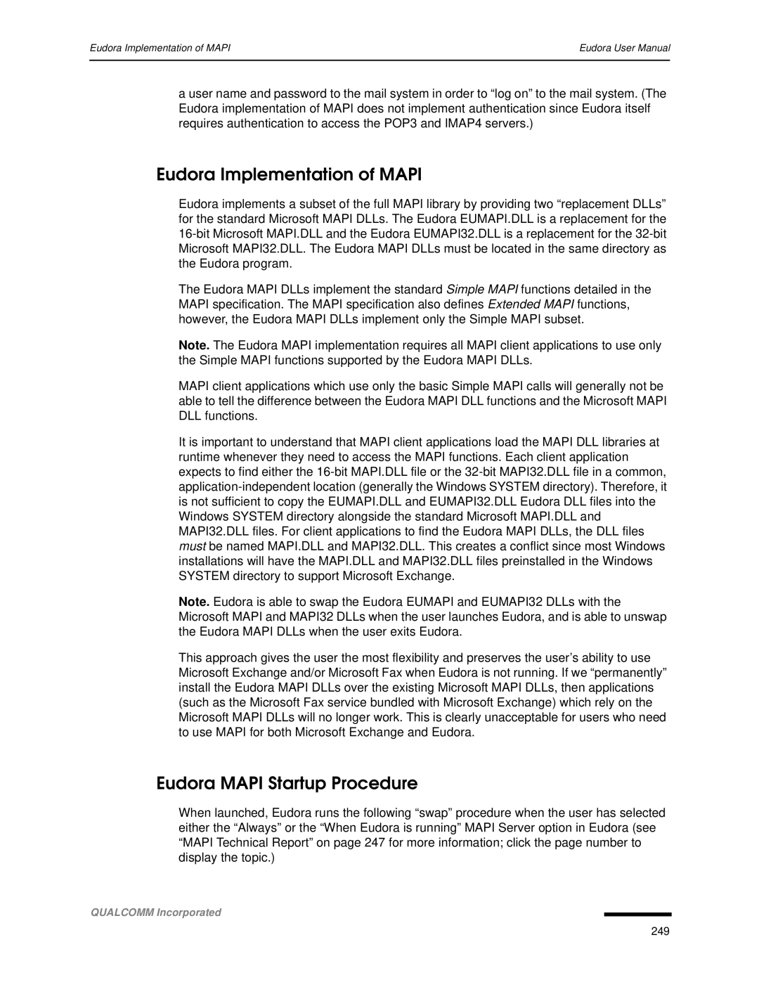 Qualcomm 4.3 user manual Eudora Implementation of Mapi, Eudora Mapi Startup Procedure 