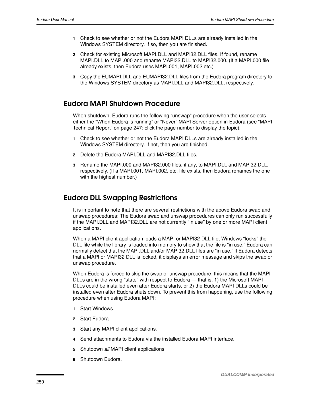 Qualcomm 4.3 user manual Eudora Mapi Shutdown Procedure, Eudora DLL Swapping Restrictions 