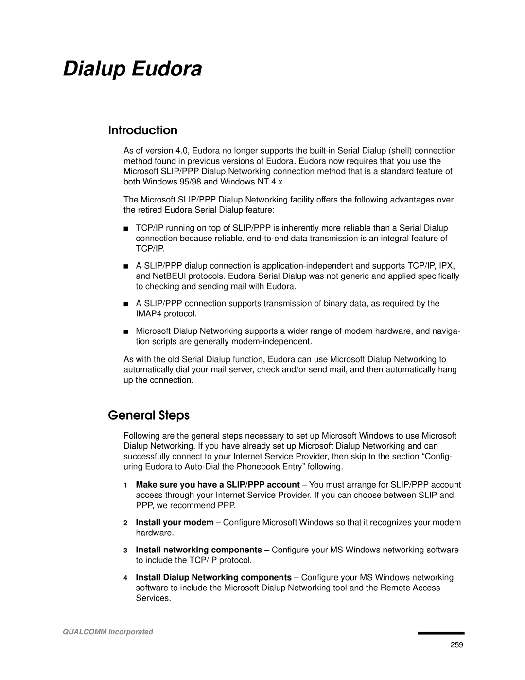 Qualcomm 4.3 user manual Dialup Eudora, General Steps 