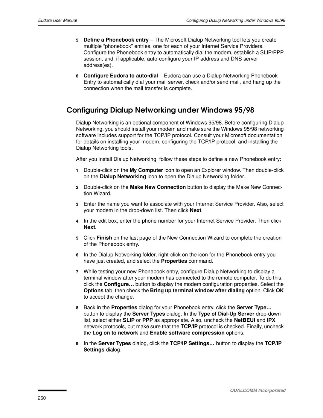 Qualcomm 4.3 user manual Configuring Dialup Networking under Windows 95/98 