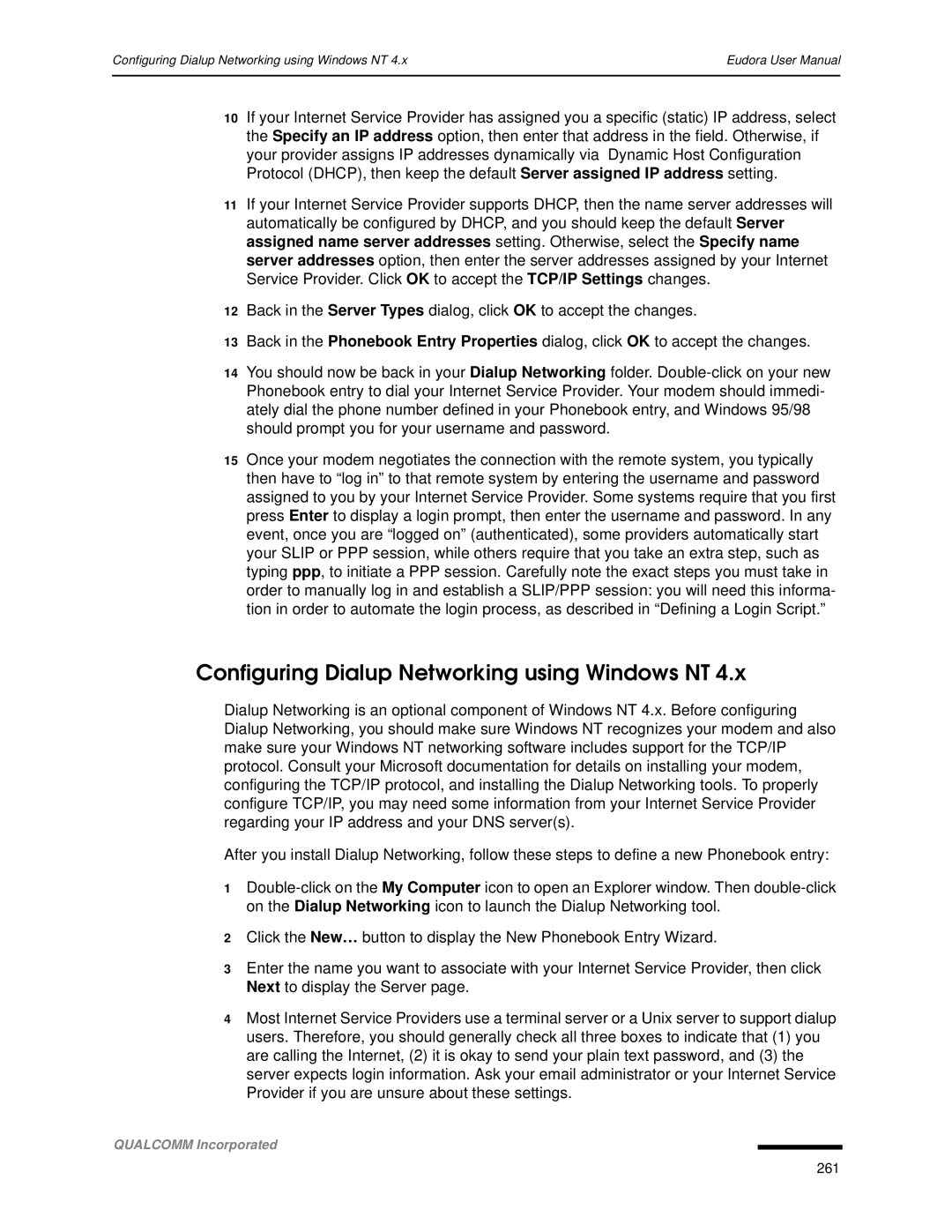 Qualcomm 4.3 user manual Configuring Dialup Networking using Windows NT 