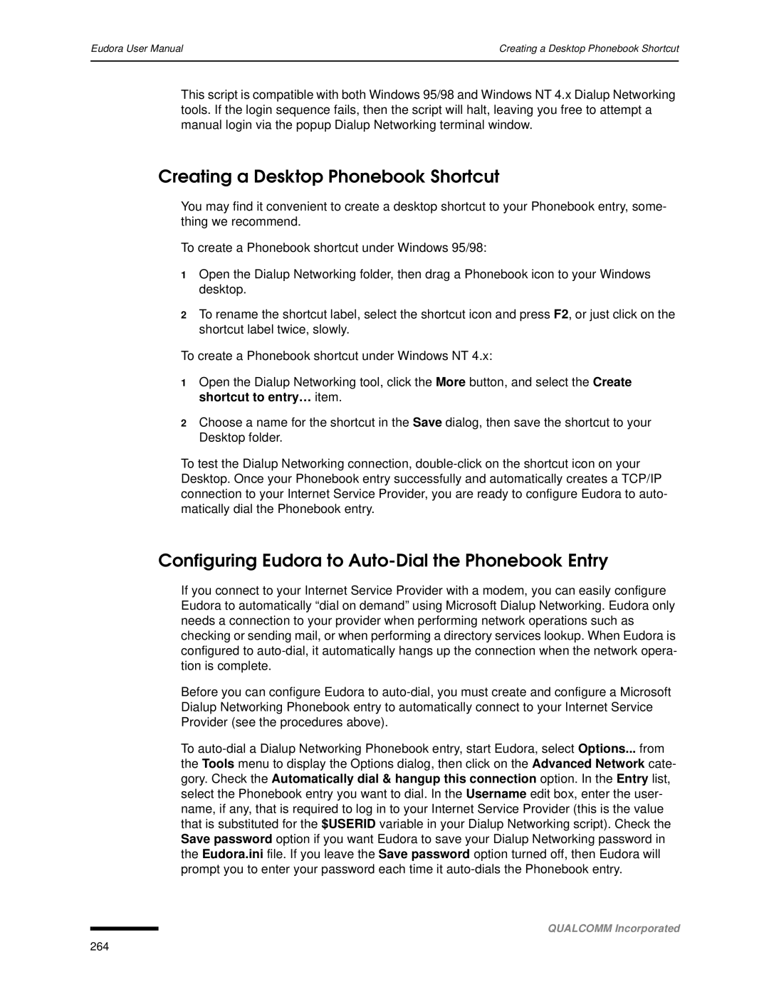 Qualcomm 4.3 user manual Creating a Desktop Phonebook Shortcut, Configuring Eudora to Auto-Dial the Phonebook Entry 