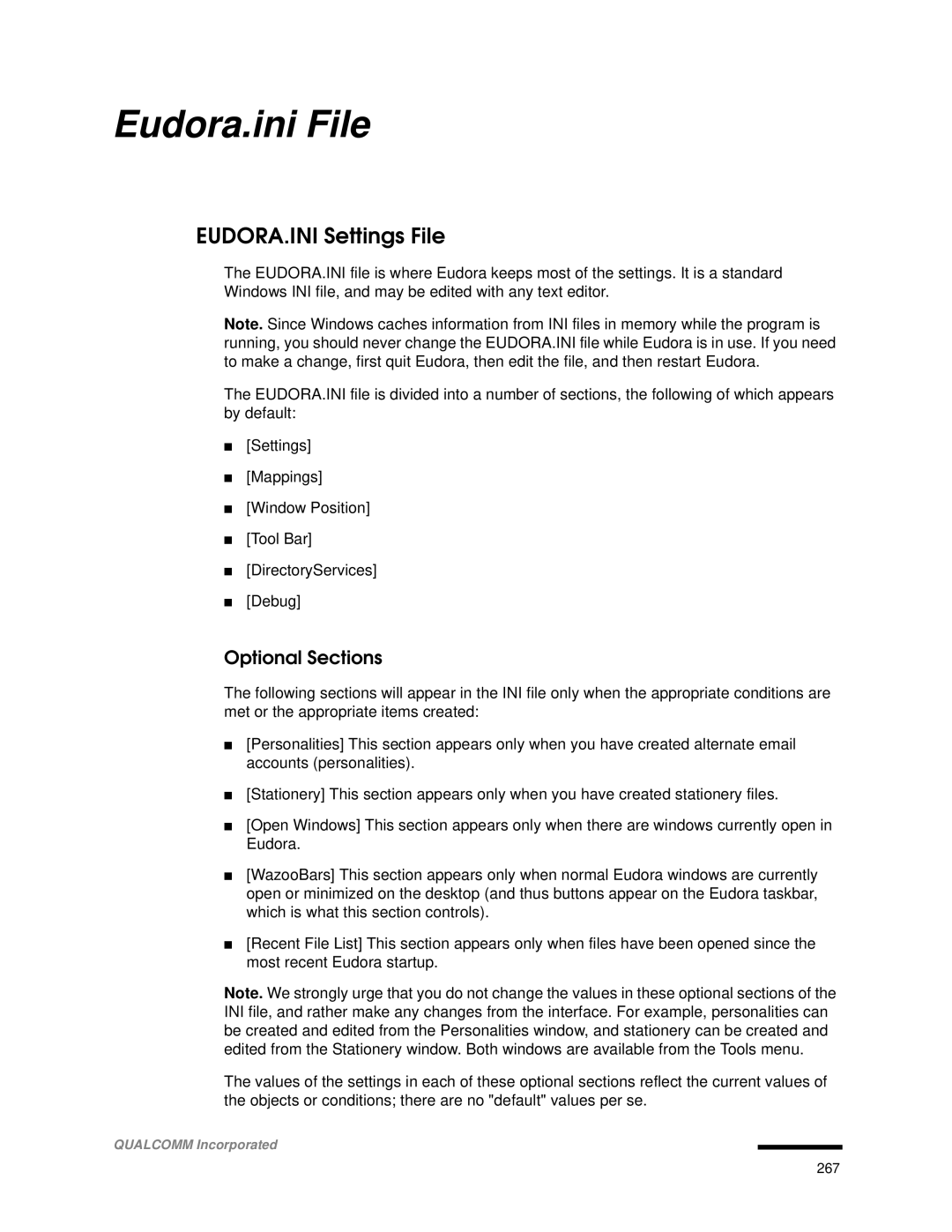 Qualcomm 4.3 user manual Eudora.ini File, EUDORA.INI Settings File, Optional Sections 