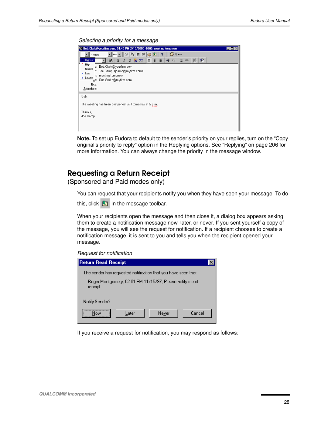 Qualcomm 4.3 user manual Requesting a Return Receipt, Selecting a priority for a message, Request for notification 