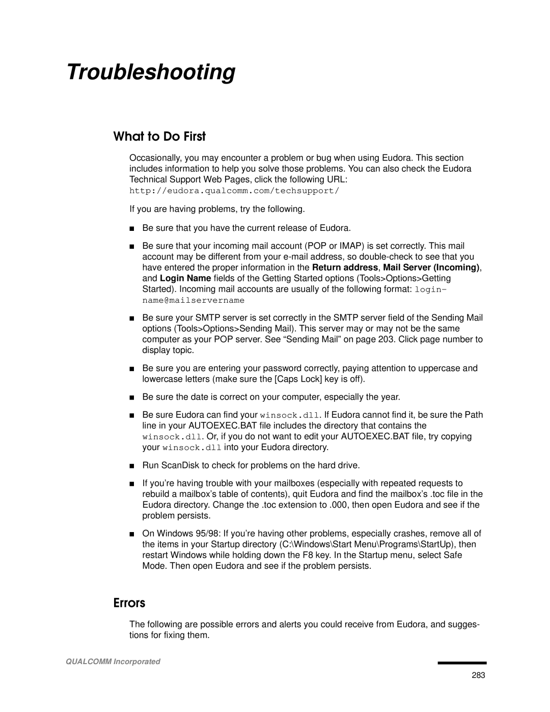 Qualcomm 4.3 user manual Troubleshooting, What to Do First, Errors 