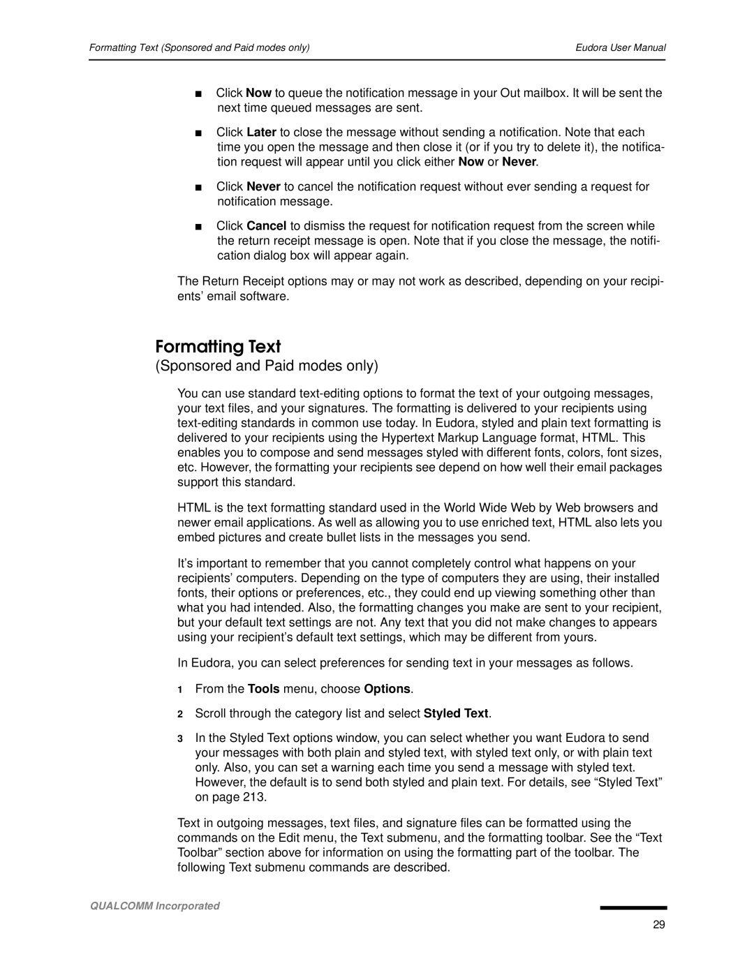 Qualcomm 4.3 user manual Formatting Text 