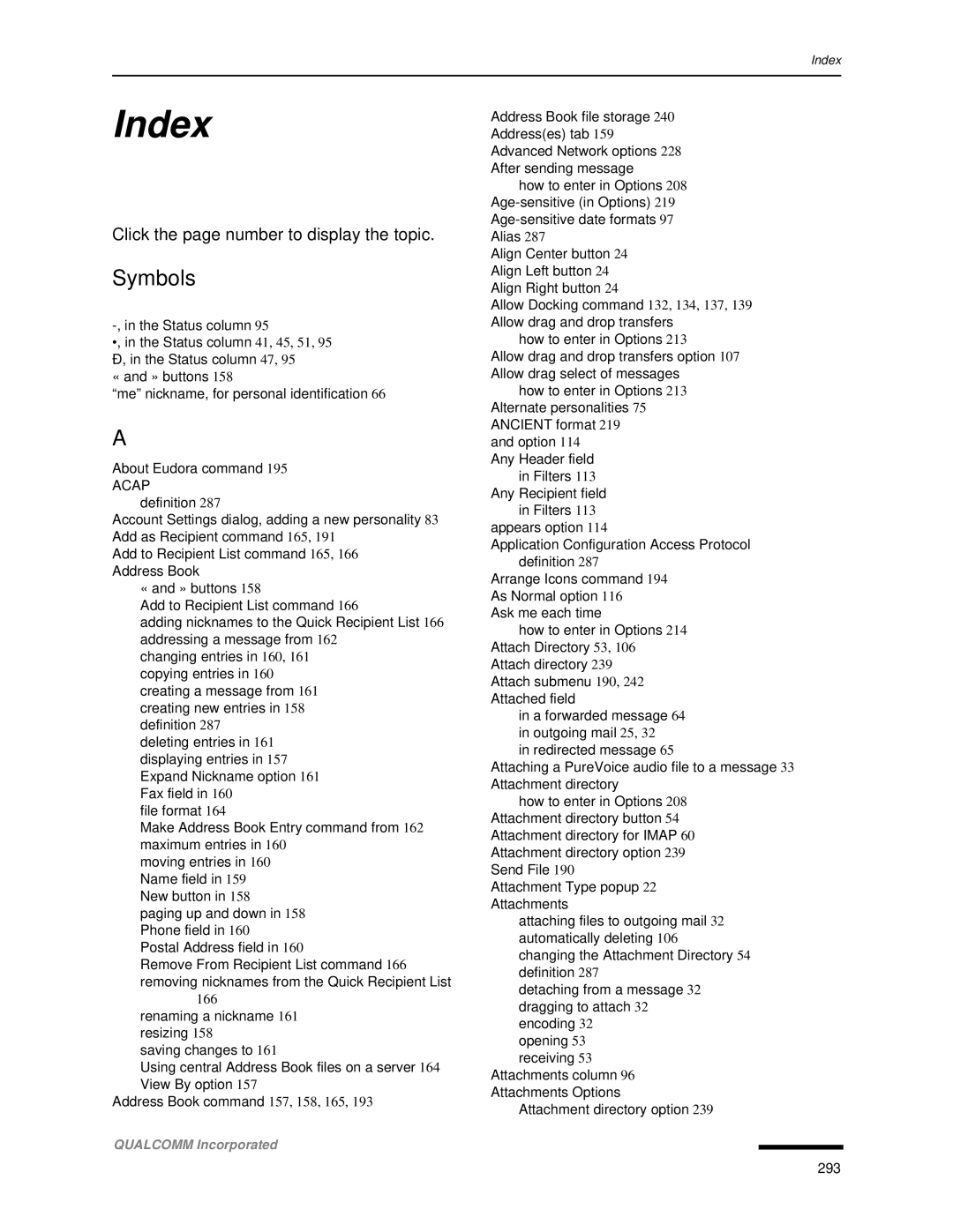 Qualcomm 4.3 user manual Index, Symbols 