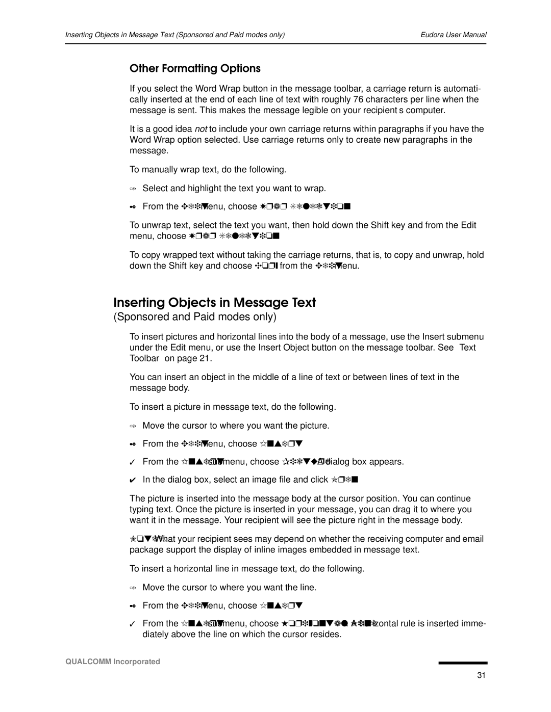 Qualcomm 4.3 user manual Inserting Objects in Message Text, Other Formatting Options 