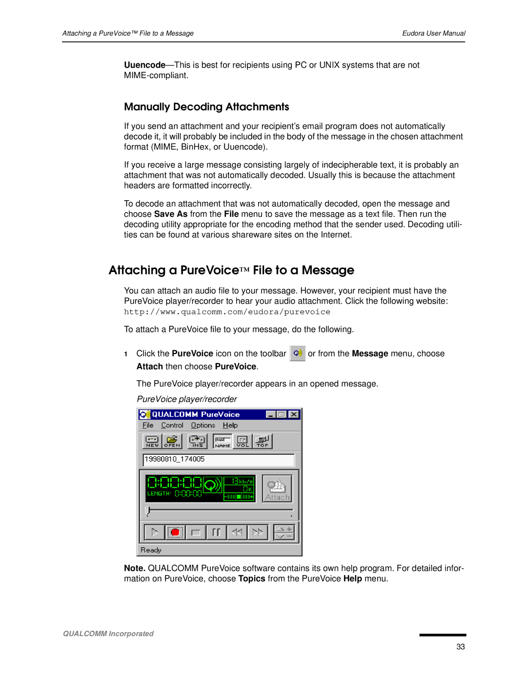 Qualcomm 4.3 user manual Attaching a PureVoice File to a Message, Manually Decoding Attachments 