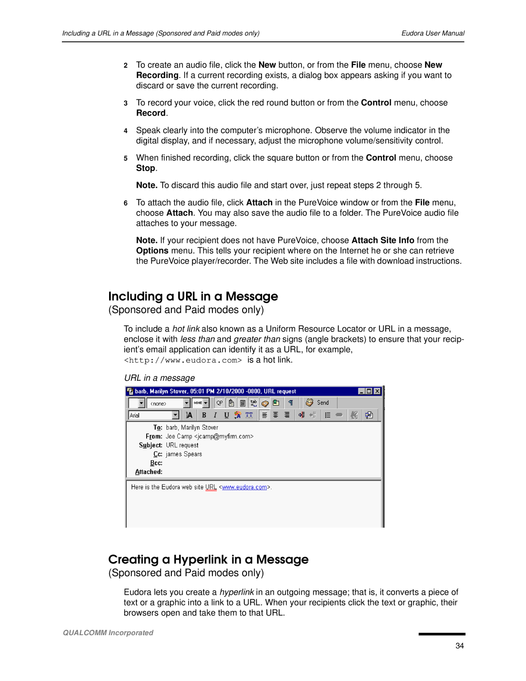 Qualcomm 4.3 user manual Including a URL in a Message, Creating a Hyperlink in a Message, URL in a message 