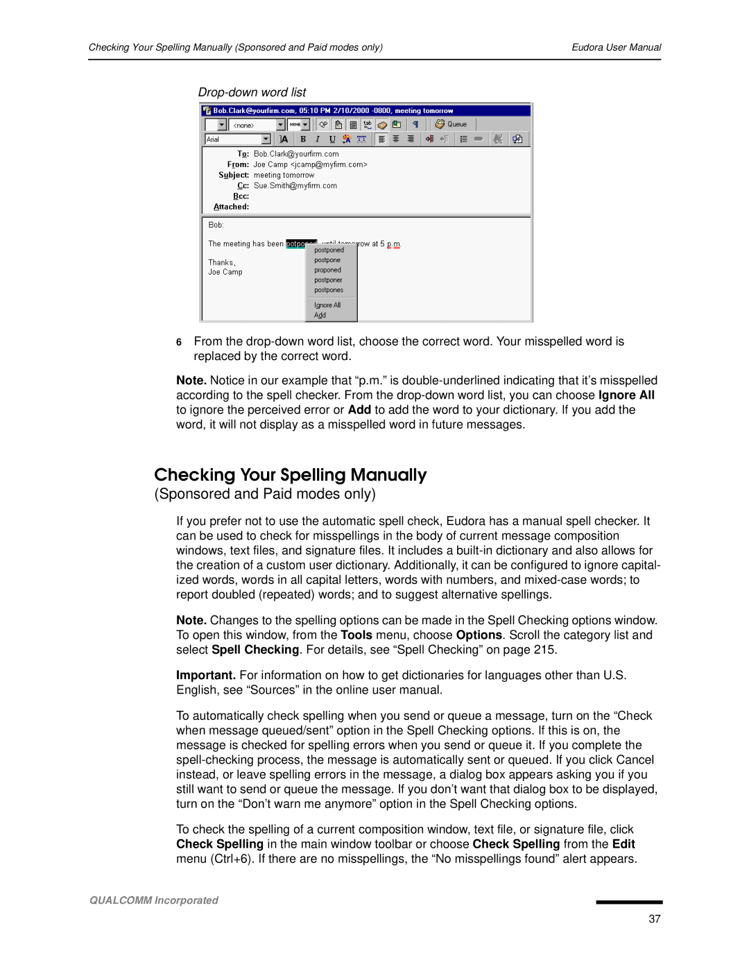 Qualcomm 4.3 user manual Checking Your Spelling Manually, Drop-down word list 