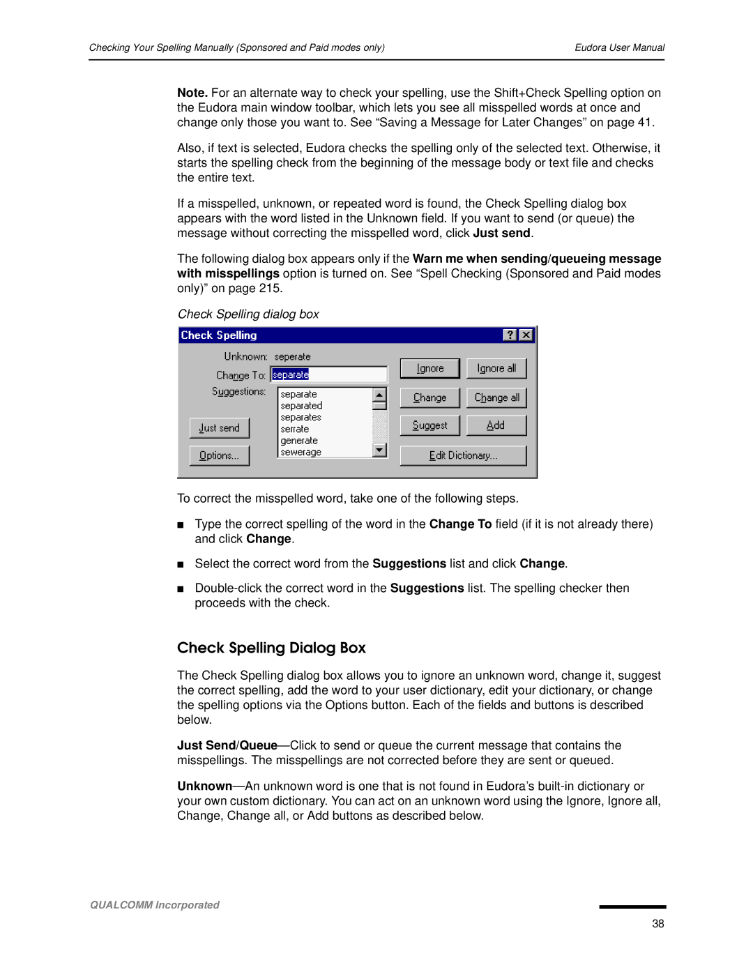 Qualcomm 4.3 user manual Check Spelling Dialog Box, Check Spelling dialog box 