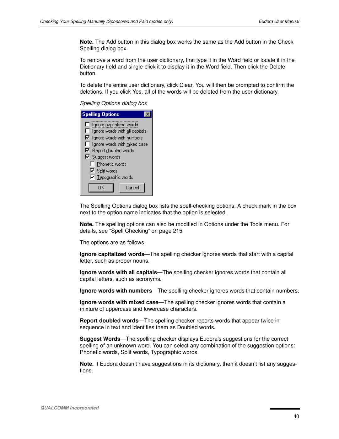 Qualcomm 4.3 user manual Spelling Options dialog box 