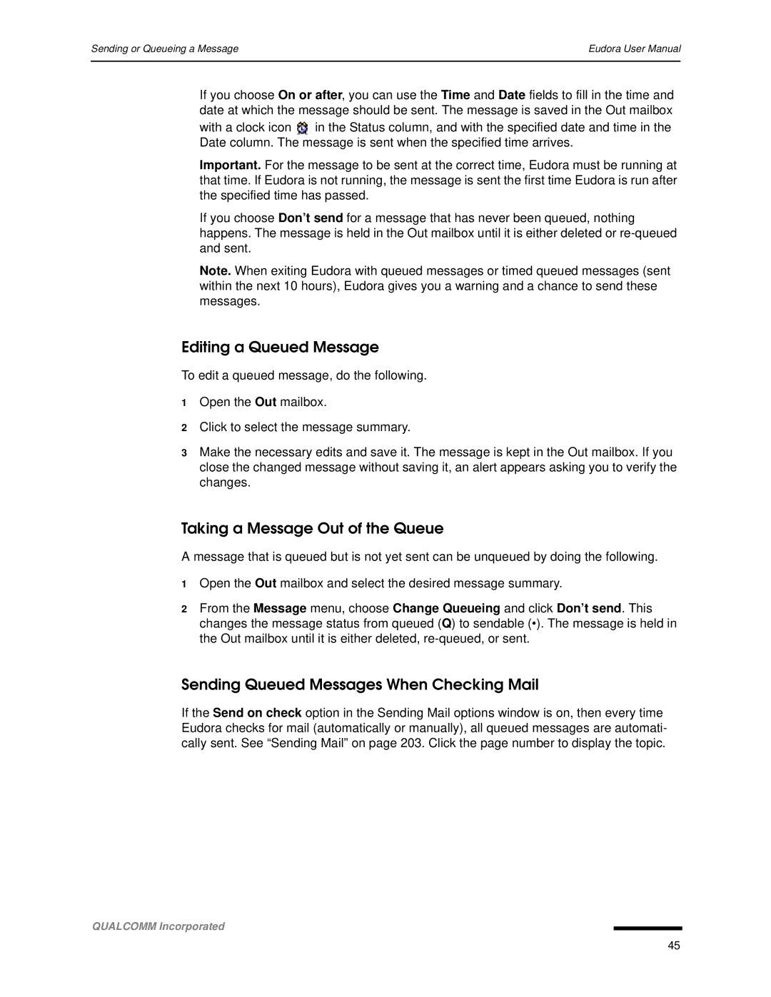 Qualcomm 4.3 Editing a Queued Message, Taking a Message Out of the Queue, Sending Queued Messages When Checking Mail 