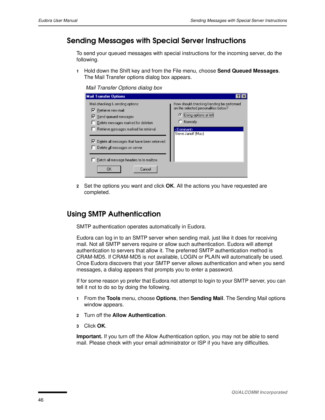 Qualcomm 4.3 user manual Sending Messages with Special Server Instructions, Using Smtp Authentication 