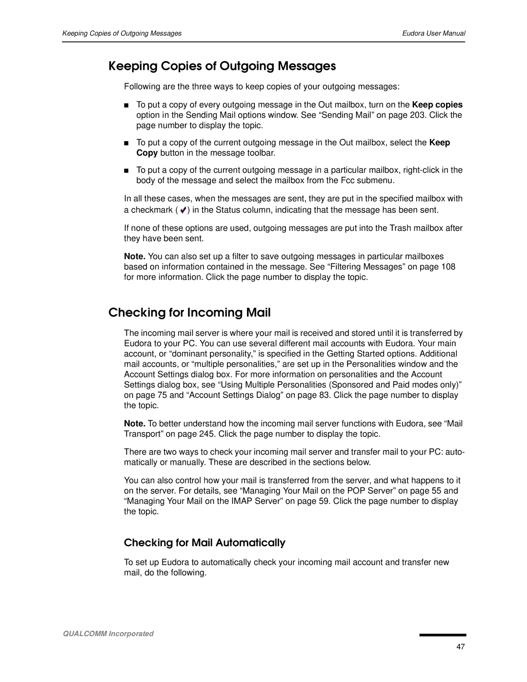 Qualcomm 4.3 user manual Keeping Copies of Outgoing Messages, Checking for Incoming Mail, Checking for Mail Automatically 