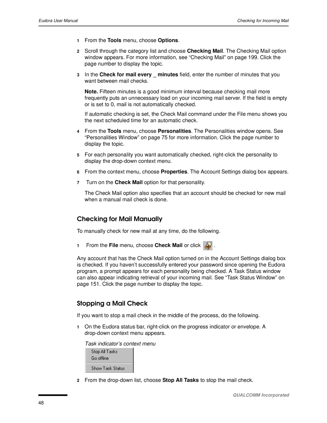 Qualcomm 4.3 user manual Checking for Mail Manually, Stopping a Mail Check, Task indicator’s context menu 