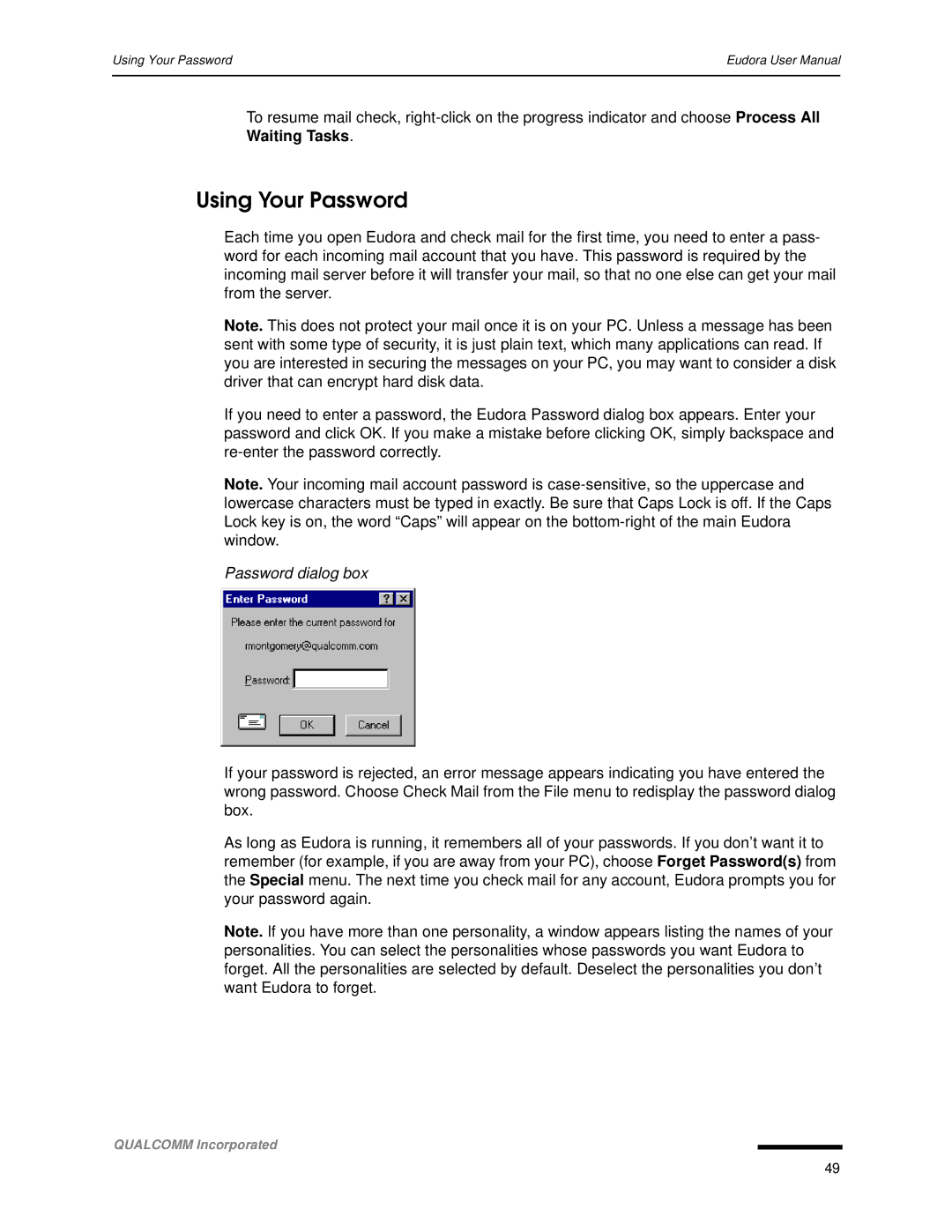 Qualcomm 4.3 user manual Using Your Password, Password dialog box 