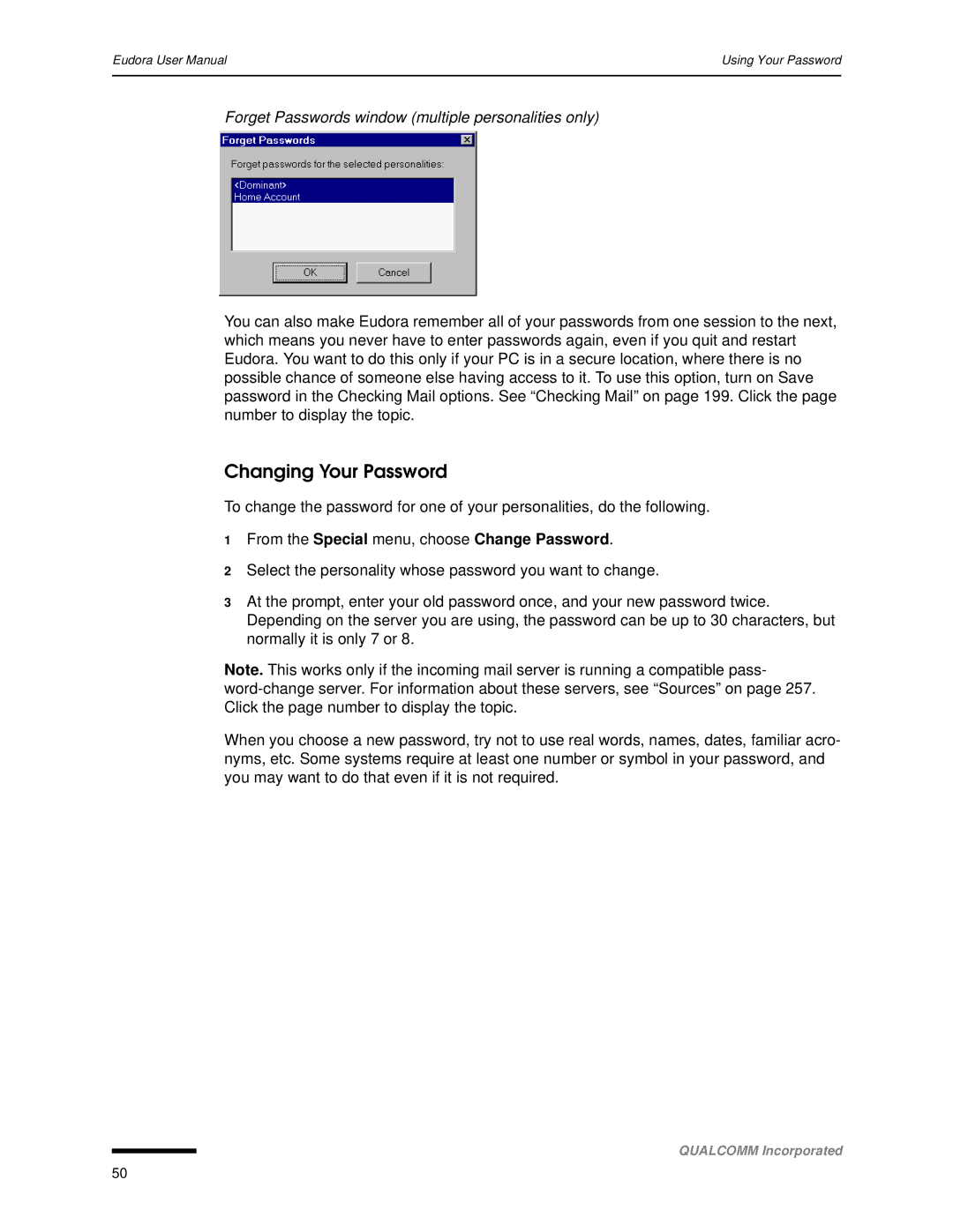 Qualcomm 4.3 user manual Changing Your Password, Forget Passwords window multiple personalities only 