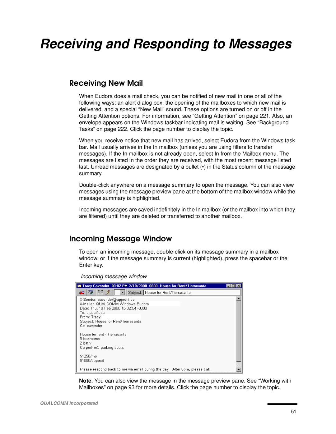 Qualcomm 4.3 Receiving and Responding to Messages, Receiving New Mail, Incoming Message Window, Incoming message window 