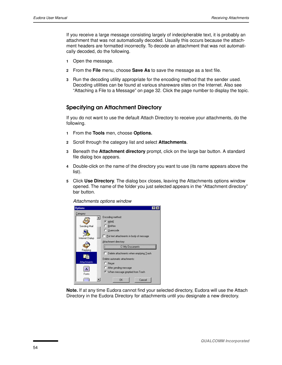 Qualcomm 4.3 user manual Specifying an Attachment Directory, Attachments options window 