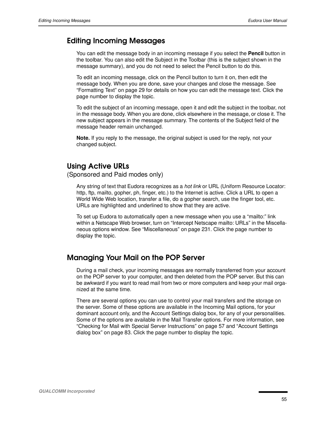 Qualcomm 4.3 user manual Editing Incoming Messages, Using Active URLs, Managing Your Mail on the POP Server 