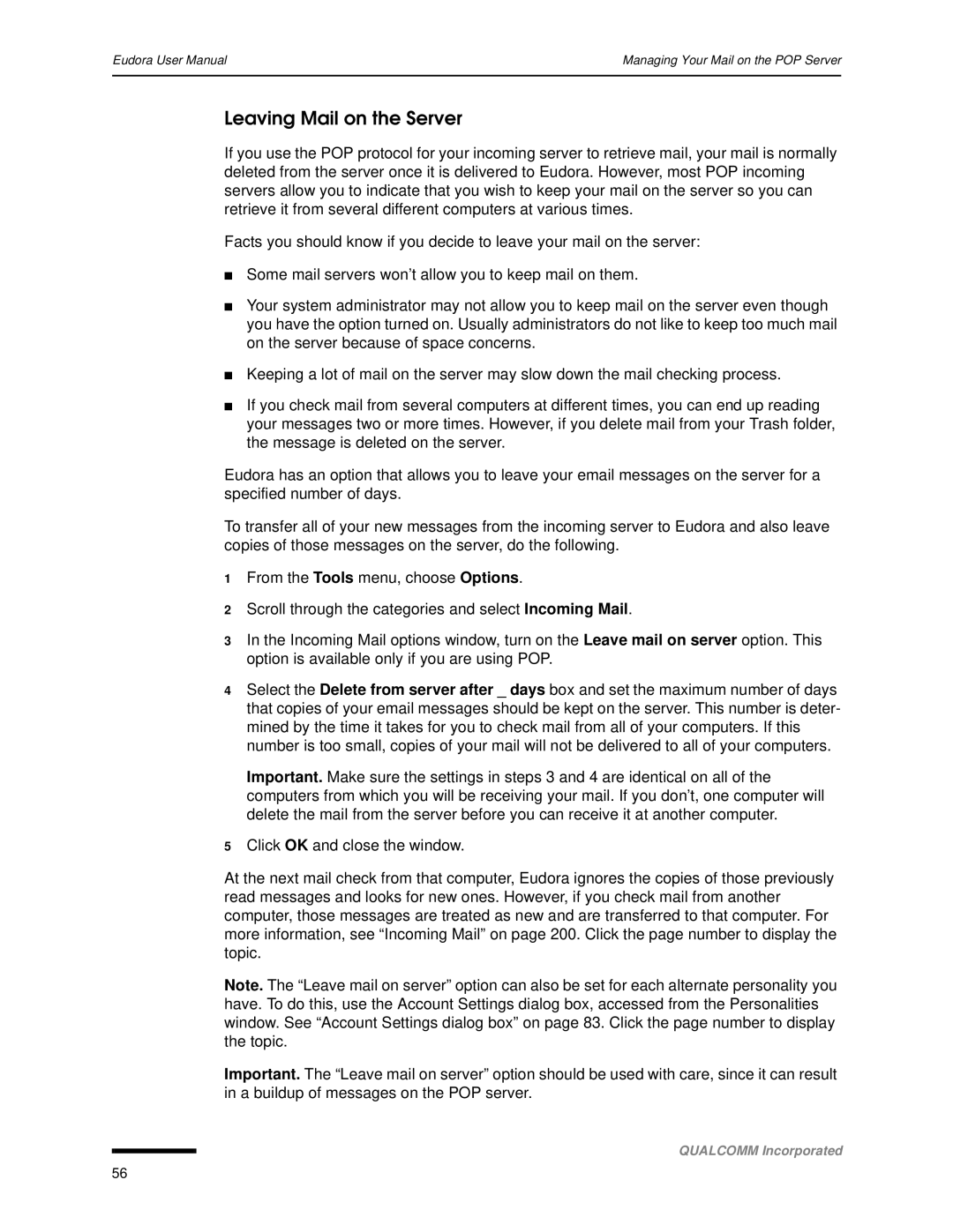 Qualcomm 4.3 user manual Leaving Mail on the Server 