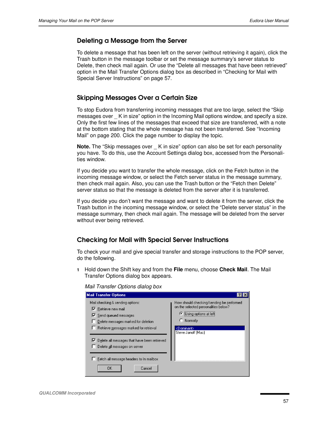 Qualcomm 4.3 user manual Deleting a Message from the Server, Skipping Messages Over a Certain Size 