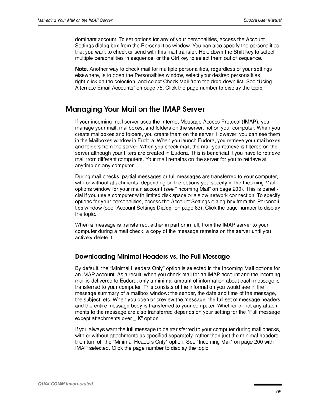 Qualcomm 4.3 user manual Managing Your Mail on the Imap Server, Downloading Minimal Headers vs. the Full Message 