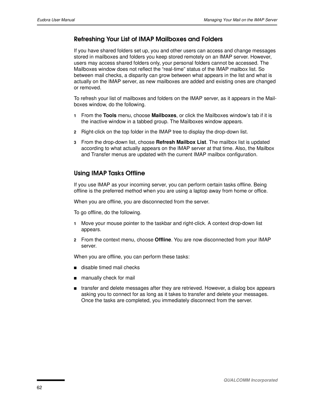 Qualcomm 4.3 user manual Refreshing Your List of Imap Mailboxes and Folders, Using Imap Tasks Offline 