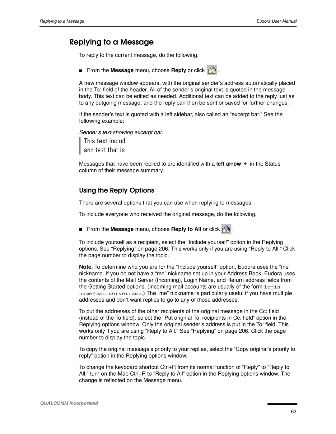 Qualcomm 4.3 user manual Replying to a Message, Using the Reply Options, Sender’s text showing excerpt bar 