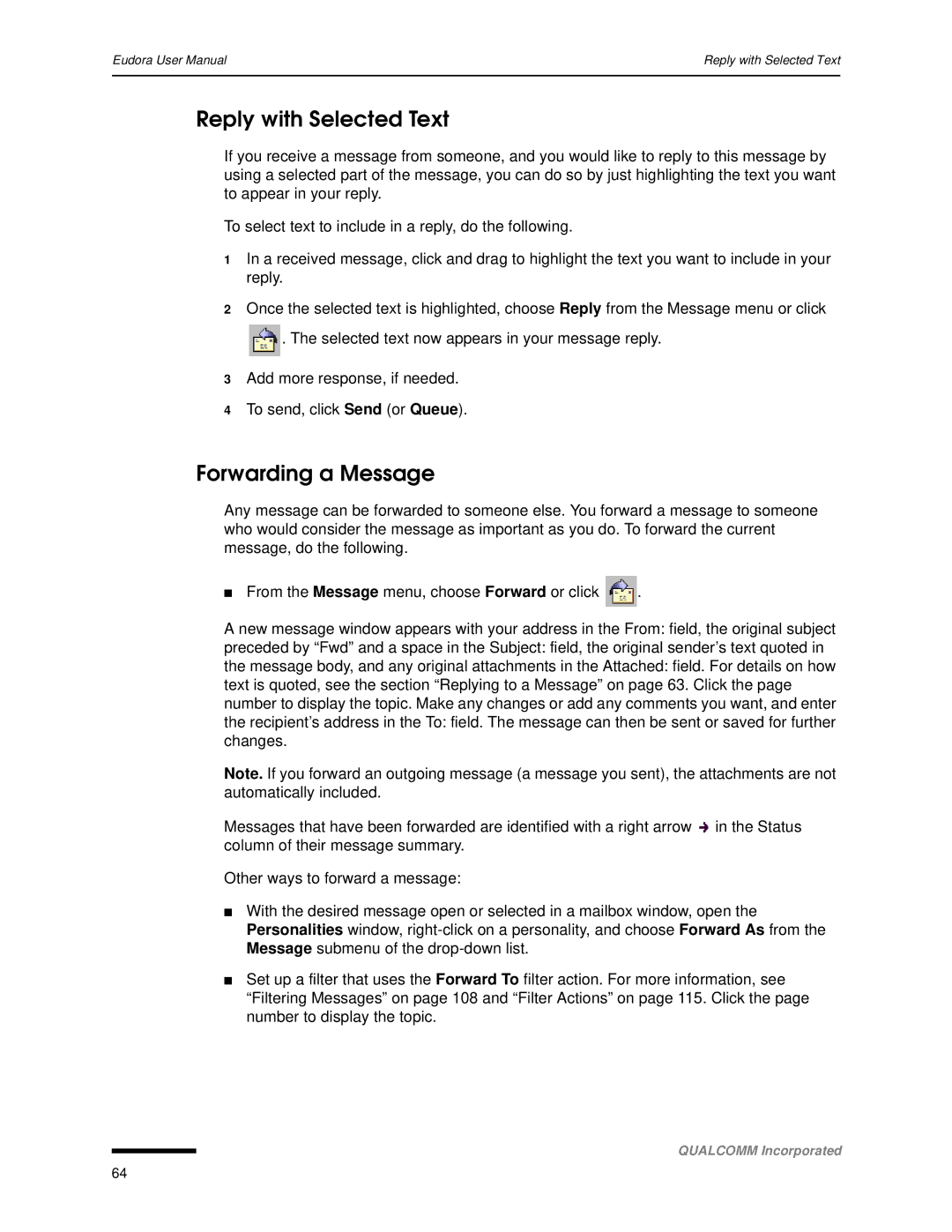 Qualcomm 4.3 user manual Reply with Selected Text, Forwarding a Message 