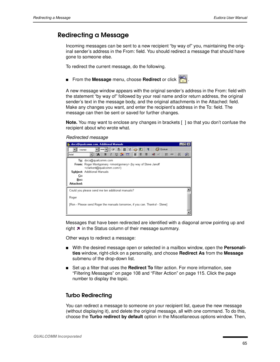 Qualcomm 4.3 user manual Redirecting a Message, Turbo Redirecting, Redirected message 