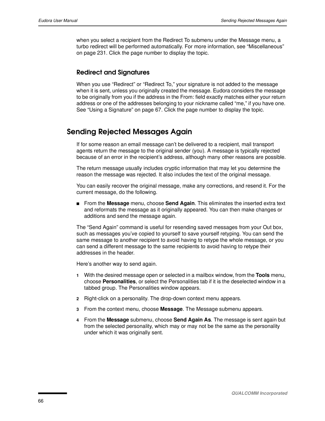 Qualcomm 4.3 user manual Sending Rejected Messages Again, Redirect and Signatures 