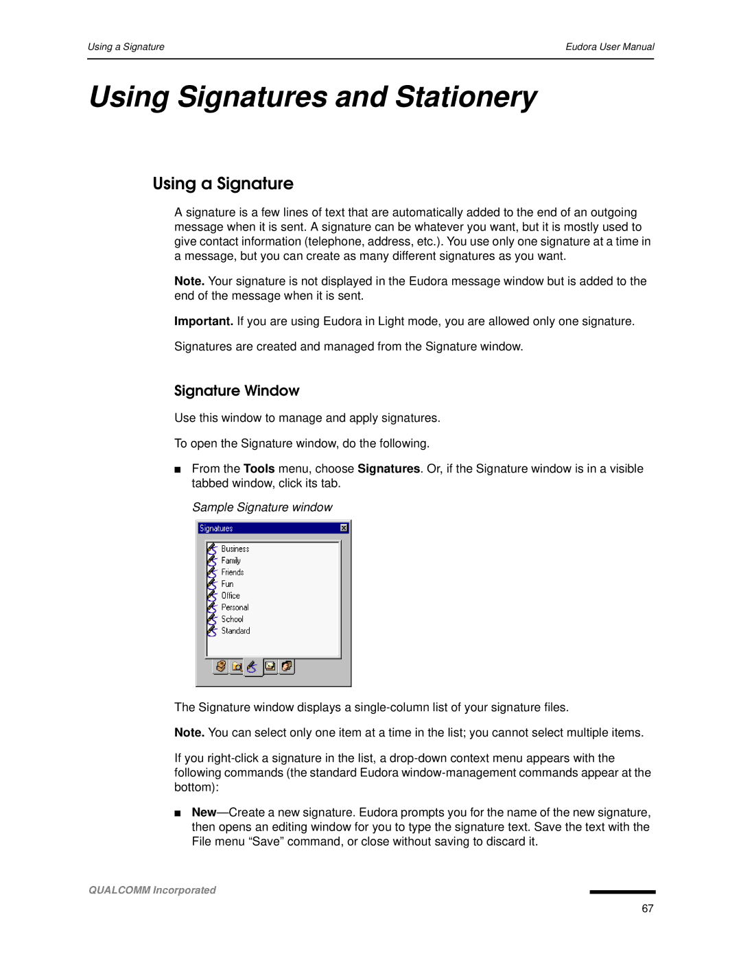 Qualcomm 4.3 user manual Using Signatures and Stationery, Using a Signature, Signature Window, Sample Signature window 