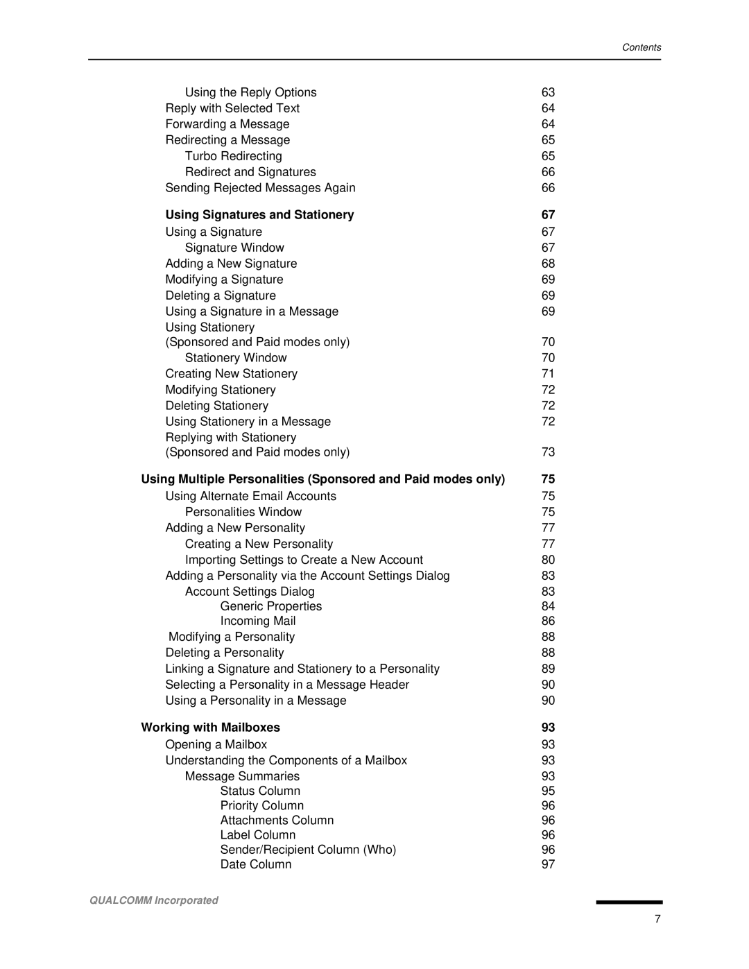 Qualcomm 4.3 user manual Using Signatures and Stationery, Using Multiple Personalities Sponsored and Paid modes only 