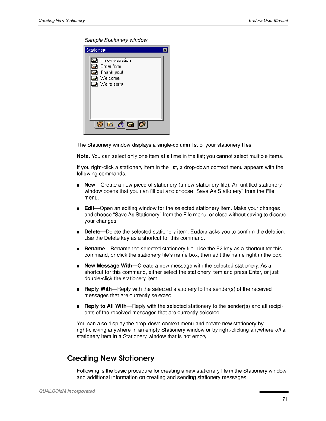 Qualcomm 4.3 user manual Creating New Stationery, Sample Stationery window 