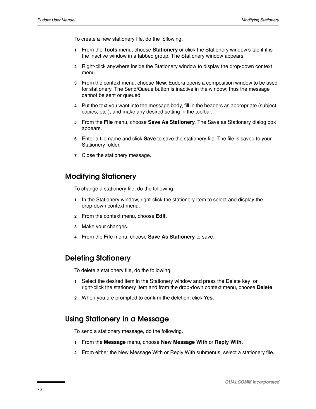 Qualcomm 4.3 user manual Modifying Stationery, Deleting Stationery, Using Stationery in a Message 