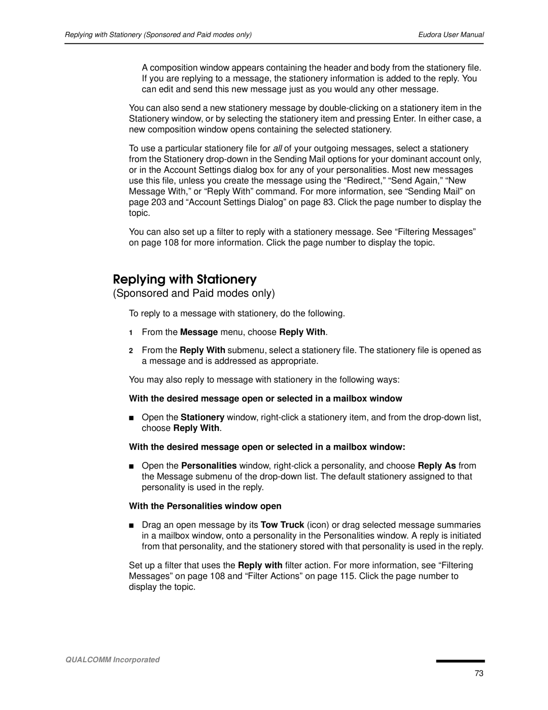 Qualcomm 4.3 user manual Replying with Stationery, With the Personalities window open 