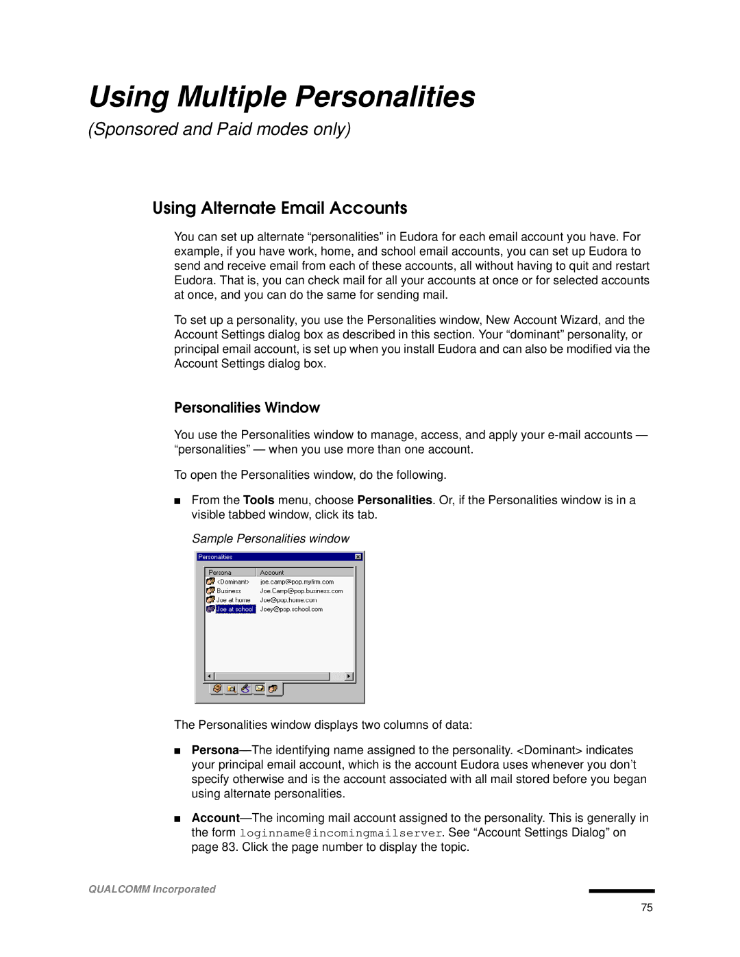 Qualcomm 4.3 user manual Using Multiple Personalities, Using Alternate Email Accounts, Personalities Window 