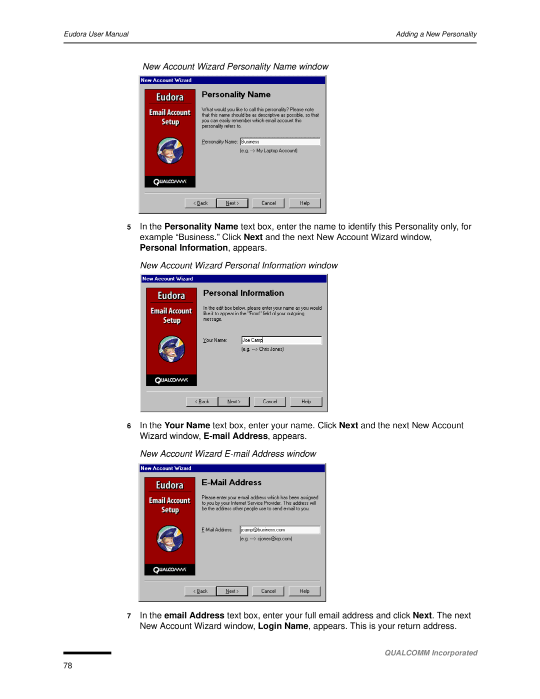 Qualcomm 4.3 user manual New Account Wizard Personality Name window, New Account Wizard Personal Information window 