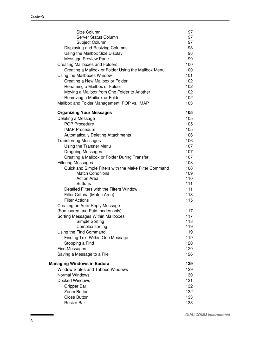 Qualcomm 4.3 user manual Organizing Your Messages 105, Managing Windows in Eudora 129 