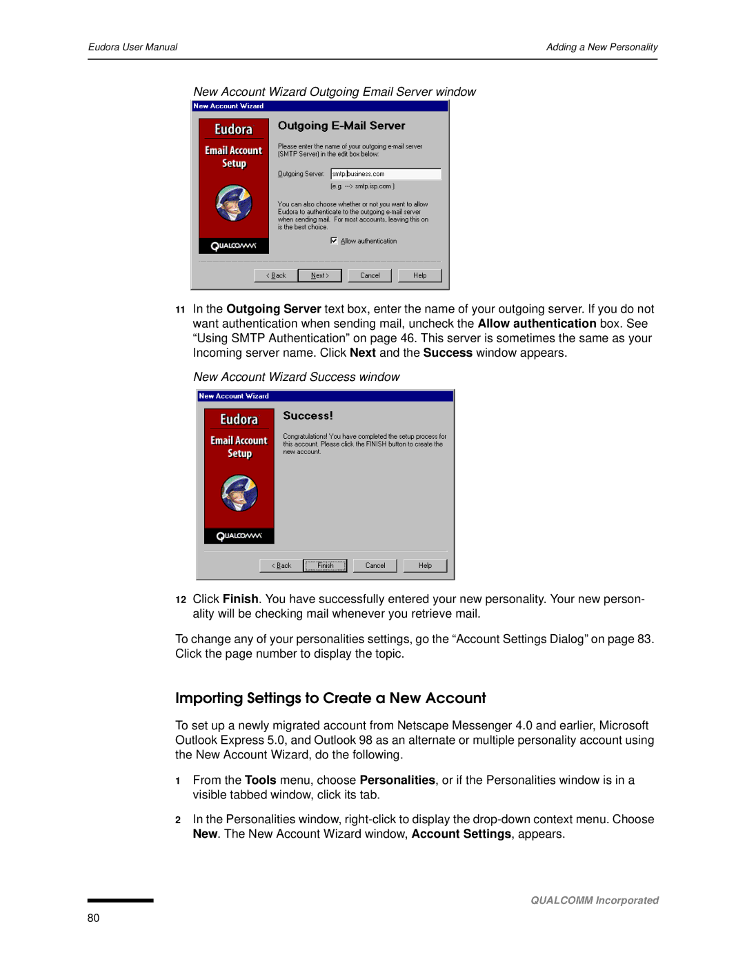 Qualcomm 4.3 user manual Importing Settings to Create a New Account, New Account Wizard Outgoing Email Server window 