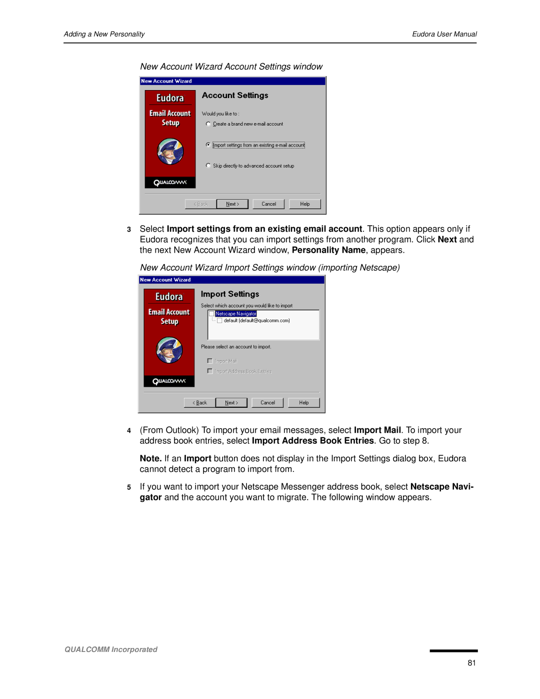 Qualcomm 4.3 user manual New Account Wizard Import Settings window importing Netscape 