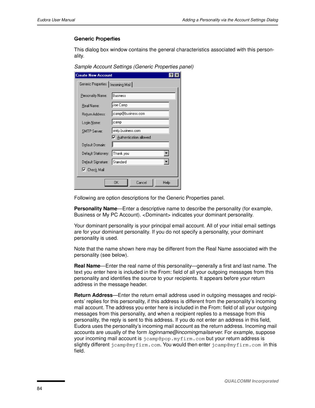 Qualcomm 4.3 user manual Sample Account Settings Generic Properties panel 